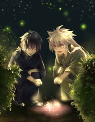  2boys :d ^_^ aged_down bambino black_hair blue_eyes bush closed_eyes commentary_request fangs fireflies fireworks hair_flaps hair_ornament japanese_clothes kimono kogitsunemaru lolicon long_hair male_focus mikazuki_munechika multiple_boys night open_mouth outdoors plant red_eyes sandals senkou_hanabi smile sparkler squatting touken_ranbu white_hair 