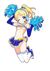  ayase_eli bandeau blonde_hair blue_eyes breasts cheerleader clothes_lift commentary_request female grin headset kurozu love_live! love_live!_school_idol_festival love_live!_school_idol_project medium_breasts midriff navel one_eye_closed photoshop_(medium) pom_pom_(cheerleading) ponytail roller_skates short_hair skates skirt skirt_lift smile solo takaramonozu thighhighs underboob wind wind_lift 