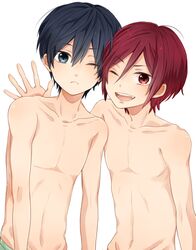  2boys :&lt; aged_down bad_id bad_pixiv_id blue_eyes free! gyw lolicon male_focus matsuoka_rin multiple_boys nanase_haruka_(free!) navel no_nipples oerba_yun_fang one_eye_closed open_mouth red_eyes red_hair simple_background smile topless_male white_background 