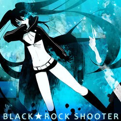  belt bikini bikini_top_only black_bikini black_cloak black_hair black_rock_shooter black_rock_shooter_(character) black_shorts black_socks blue_eyes character_name cloak commentary_request copyright_name covering_own_mouth female flaming_eye flat_chest floating_hair front-tie_bikini_top front-tie_top groin hair_between_eyes hand_over_own_mouth kneehighs long_hair mami_(apsaras) midriff navel no_shirt scar short_shorts shorts socks solo stomach swimsuit twintails very_long_hair 