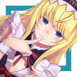  1other androgynous apron blonde_hair blue_eyes blush chevalier_d&#039;eon_(fate) chevalier_d&#039;eon_(maid_knight)_(fate) closed_mouth commentary dutch_angle fate/grand_order fate_(series) finger_to_mouth frilled_apron frills i-pan index_finger_raised long_hair looking_at_viewer maid official_alternate_costume sidelocks smile solo upper_body 