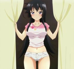  anime_screenshot black_hair cutoffs denim denim_shorts female highres jinryou_karen long_hair micro_shorts navel ore_ga_ojou-sama_gakkou_ni_&quot;shomin_sample&quot;_toshite_rachirareta_ken out_of_frame shorts solo source_request stitched stomach thigh_gap thighs third-party_edit very_long_hair white_shorts 