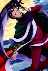  1boy cape commentary_request earrings higanbana_no_saku_yoru_ni highres izanami_(higanbana) jewelry male_focus multicolored_hair red_eyes scythe single_earring smile track_suit uzu_hi 