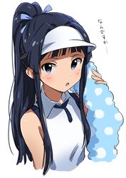  bare_shoulders black_hair blue_eyes collared_shirt commentary_request dani-ikapi female hair_ribbon idolmaster idolmaster_million_live! long_hair looking_at_viewer mogami_shizuka open_mouth ponytail ribbon shirt solo sportswear sweat tennis_uniform upper_body very_long_hair visor_cap white_background white_shirt 