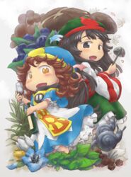  2girls absurdres back-to-back black_hair blueberry blush bottle brown_hair commentary_request cup drinking_glass flower food fruit hakumei_(hakumei_to_mikochi) hakumei_to_mikochi hat highres ladle leaf long_hair looking_at_viewer mikochi_(hakumei_to_mikochi) mini_person minigirl multiple_girls mushroom orange_eyes parfaith smile snail wine_bottle wine_glass 