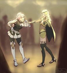  2girls armor artist_request blonde_hair breasts fire_emblem fire_emblem_if long_hair multiple_girls nintendo ophelia_(fire_emblem_if) panties pink_hair smile soleil_(fire_emblem_if) yuri 