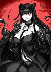  abyssal_ship bare_shoulders between_breasts black_hair bow breasts chains claws commentary female gauntlets hairbow kantai_collection large_breasts long_hair looking_at_viewer pale_skin seaplane_tender_princess smile solo taishoo very_long_hair 