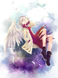  boots chinese_commentary commentary_request female grey_hair hand_over_eye jacket kishin_sagume ko_kita looking_at_viewer open_mouth red_eyes short_hair single_wing skirt solo touhou wings 