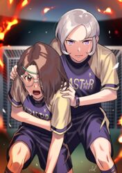  2boys brown_eyes brown_hair commentary_request dolustoy glasses goal grey_hair hair_over_one_eye headband highres inazuma_eleven_(series) inazuma_eleven_ares_no_tenbin looking_at_viewer male_focus multiple_boys open_mouth purple_eyes shiratori_tsumuki soccer_uniform socks sportswear sweat white-framed_eyewear yagihara_katsumi 