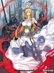  ad_yamada armor blonde_hair bodysuit boots bubble castle commentary_request copyright_name crown double-sided_polearm female force_of_will gloves hair_over_eyes helmet lance long_hair official_art open_mouth polearm solo spear sword teeth valentina_(force_of_will) weapon yellow_eyes 