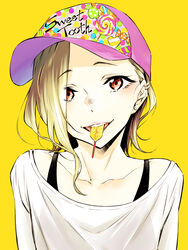  baseball_cap blonde_hair bra_strap brown_eyes brown_hair candy candy_print collarbone commentary_request earrings english_text female food hair_over_one_eye hat headwear_writing heart jewelry lollipop looking_at_viewer medium_hair mouth_hold off_shoulder open_mouth original photoshop_(medium) pink_hat red_eyes round_teeth shirt simple_background smile solo teeth tongue upper_body upper_teeth_only white_shirt yellow_background yuuichi_katou 