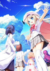  5girls arizuki_shiina arizuki_ui bat_hair_ornament bike_shorts black_hair black_ribbon black_shorts blonde_hair blue_eyes blue_sweater brown_hair cloud cloudy_sky day dress dress_shirt floating_hair from_below futaki_kanata grey_skirt hair_bobbles hair_ornament hair_ribbon hand_in_pocket hand_on_own_hip hat highres himuro_yuuki holding holding_hands kud_wafter lab_coat little_busters! little_busters!_school_uniform long_hair looking_up miniskirt multiple_girls na-ga neck_ribbon noumi_kudryavka outdoors outstretched_arms pleated_skirt purple_hair quad_tails red_ribbon ribbon school_uniform shirt short_hair short_sleeves short_twintails shorts siblings sisters skirt sky spread_arms standing sweater thighhighs twintails very_long_hair white_dress white_hat white_legwear white_shirt zettai_ryouiki 