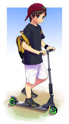  1boy backpack backwards_hat bag brown_eyes brown_hair commentary_request full_body hat kick_scooter male_focus nekoya_(nekoyadia) original shoes shorts sneakers solo 