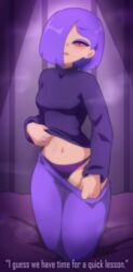  1girls bed blue_hair blush dialogue duolingo emo emo_girl english_text female female_only imminent_sex light-skinned_female lily_(duolingo) panties pants purple_hair solo text thick_thighs undressing wide_hips xeroshadows 