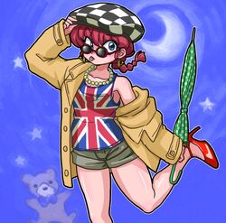  beret blue_eyes braid checkered checkered_hat coat cowboy_shot earrings hat high_heels necklace one_eye_closed polka_dot ranma-chan ranma_1/2 red_hair rule_63 saotome_ranma shorts single_braid solo sunglasses tank_top tongue umbrella union_jack wantan-orz wink 