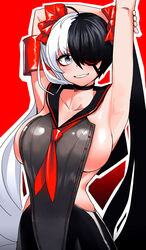  :d antenna_hair arm_behind_head arm_up armband black_choker black_hair blade_&amp;_soul blue_eyes bow breasts cain_(gunnermul) choker collarbone commentary_request eyelashes eyepatch female grin hair_between_eyes hair_ornament hair_over_one_eye hairbow hand_up highres holding_own_arm large_breasts long_hair looking_at_viewer multicolored_hair neckerchief one_eye_covered open_mouth photoshop_(medium) pohwaran red_background red_bow red_neckerchief sailor_collar sideboob simple_background smile solo split-color_hair standing twintails two-tone_hair upper_body very_long_hair white_hair 