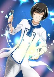  1boy black_hair blue_background chef closed_eyes commentary_request dutch_angle idolmaster idolmaster_side-m kikuchi_mataha male_focus microphone mole mole_under_mouth outstretched_hand shinonome_soichiro smile solo star_(symbol) 