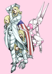  5boys absurdres american_flag araki_hirohiko_(style) blonde_hair commentary_request curly_hair dirty_deeds_done_dirt_cheap funny_valentine highres jojo_no_kimyou_na_bouken male_focus multiple_boys multiple_persona purple_eyes stand_(jojo) steel_ball_run yasu_(shijimi_8) 