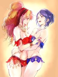  2girls bare_shoulders blue_eyes blue_hair blue_panties breasts brown_hair cleavage commentary_request cowboy_shot dancer ear_piercing earrings hairband hoop_earrings hug jewelry kawo-ri lips looking_at_another medium_breasts medium_hair midriff multiple_girls navel necklace octopath_traveler octopath_traveler_i open_mouth panties piercing ponytail primrose_azelhart red_eyes red_panties short_hair strapless tube_top underwear yusufa 