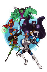  2girls 3boys alien arm_cannon bald beast_boy belt black_hair boots cape cloak cyborg cyborg_(dc) dark_skin dc_comics dick_grayson flying garfield_logan green_hair green_skin grey_skin multiple_boys multiple_girls orange_skin purple_hair raven_(dc) red_hair robin_(dc) simple_background skirt staff starfire teen_titans thigh_boots victor_stone weapon 