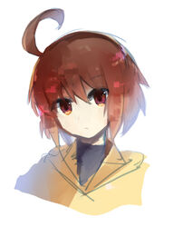  ahoge bad_id bad_pixiv_id banned_artist brown_eyes brown_hair expressionless head_tilt hood hoodie linne short_hair solo under_night_in-birth yusano 