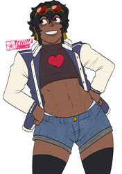  1boy 1male black_hair dark-skinned_femboy dark-skinned_male dark_skin earrings eyewear_on_head femboy grin male_only mrestella revealing_clothes robbie_(mrestella) smile sunglasses sunglasses_on_head trap 