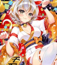  :3 alternate_costume animal_ears bell black_choker blush breasts brown_streaks cat_ears cat_girl cat_tail chacham choker cleavage closed_mouth commentary_request fang_out female frilled_sleeves frills goutokuji_mike grey_eyes japanese_clothes jingle_bell kimono large_breasts looking_at_viewer multicolored_hair neck_bell oerba_yun_fang orange_ribbon paw_pose polka_dot polka_dot_kimono ribbon ribbon-trimmed_thighhighs ribbon_trim short_hair skirt solo streaked_hair tail thighhighs three-quarter_sleeves touhou twitter_username two-tone_hair waist_ribbon white_hair white_kimono white_skirt white_thighhighs 