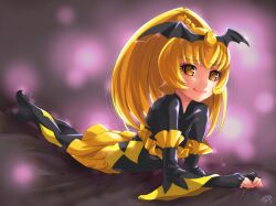  bad_end_peace bad_end_precure black_bodysuit blonde_hair bodysuit chocokin commentary_request female fingerless_gloves full_body gloves long_hair looking_at_viewer lying mahou_girls_precure! on_stomach ponytail precure signature skirt smile smile_precure solo yellow_eyes yellow_skirt 
