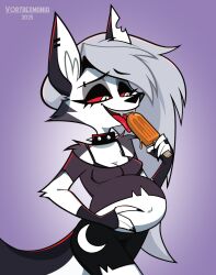  2025 anthro belly big_belly bottomwear bra canid canid_demon canine clothed clothing collar demon digital_drawing_(artwork) digital_media_(artwork) ear_piercing ear_ring eating eating_food eyebrow_piercing facial_piercing female food fur gradient_background grey_body grey_fur hand_on_belly hellaverse hellhound helluva_boss hi_res loona_(helluva_boss) mammal mythological_canine mythological_creature mythology navel notched_ear outie_navel piercing popsicle popsicle_in_mouth pregnant pregnant_anthro pregnant_female pupils purple_background raised_clothing raised_topwear red_sclera ring_piercing shorts simple_background slit_pupils solo spiked_collar spikes topwear underwear vortrexmania white_body white_eyes white_fur 