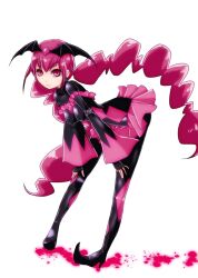  ajiko_(ajicox) bad_end_precure bent_over black_bodysuit bodysuit breasts commentary_request cure_happy expressionless female fingerless_gloves full_body gloves hands_on_own_knees high_heels long_hair looking_at_viewer pink_eyes pink_hair pointy_shoes precure simple_background smile_precure solo white_background 