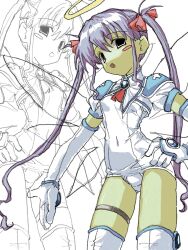  2000s_(style) angel armor black_eyes blush_stickers boots breasts brooch contrapposto covered_navel covered_nipples cowboy_shot crotch djibril_aries elbow_gloves fairy_wings faux_retro_artstyle female gem gloves hair_ribbon halo hand_on_own_hip highres jewelry jinno_hikari long_hair looking_at_viewer magical_girl makai_tenshi_djibril makai_tenshi_djibril_2 old_school_swimsuit one-piece_swimsuit open_mouth outstretched_hand pauldrons projected_inset puffy_short_sleeves puffy_sleeves purple_hair red_ribbon ribbon school_swimsuit short_sleeves shoulder_armor sidelocks small_breasts solo standing sushi_ayu swimsuit swimsuit_costume thigh_boots thighlet thighs traditional_halo twintails very_long_hair white_background white_boots white_gloves white_one-piece_swimsuit wings yellow_halo 