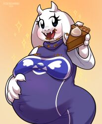  anthro bovid caprine clothed clothed_anthro clothed_female clothing crumbs crumbs_on_face female food fur goat gradient_background hand_on_belly hi_res holding_food holding_object looking_at_viewer mammal navel outie_navel pastry pie pregnant pregnant_anthro pregnant_female simple_background smile smiling_at_viewer solo toriel undertale_(series) vortrexmania white_body white_fur 