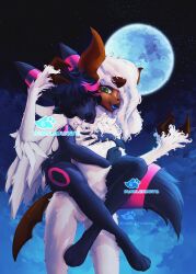  absol absurd_res ambiguous_gender anthro arm_tuft black_body black_fur black_hair black_nose bumblebunny6 carrying_another carrying_partner coily_hair curled_fur curly_hair detailed_background duo eeveelution elbow_tuft female female/female fluffy fluffy_tail fur generation_2_pokemon generation_3_pokemon generation_6_pokemon green_eyes hair hi_res horn hug hugging_another hugging_from_behind legs_around_partner looking_at_another mega_absol mega_evolution moon multicolored_body multicolored_tail neck_tuft night nintendo nonbinary_(lore) nude open_mouth outside paws piggyback pokemon pokemon_(species) realistic romantic romantic_couple shaded shiny_pokemon short_hair sky smile snout star tail tongue tongue_out tuft umbreon watermark white_body white_fur white_hair wings 