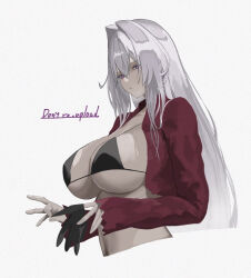  bikini black_bikini black_gloves breasts commentary cropped_torso female gloves holding holding_gloves holding_unworn_clothes honkai_(series) honkai_impact_3rd jacket large_breasts long_hair purple_eyes red_jacket simple_background solo swimsuit thelema_nutriscu unworn_gloves very_long_hair vespar4 white_background white_hair 