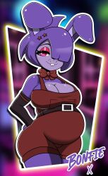  absurd_res anthro arrowdark big_breasts bonfie_(cryptiacurves) bonnie_(fnaf) breasts buckteeth cleavage clothed clothing eyelashes eyeshadow female five_nights_at_freddy&#039;s fredina&#039;s_nightclub fur hair half-closed_eyes hi_res lagomorph leporid looking_at_viewer makeup mammal mtf_crossgender narrowed_eyes outline overalls pink_eyes pregnant pregnant_anthro pregnant_female purple_body purple_fur purple_hair rabbit red_clothing red_overalls rule_63 scottgames short_hair smile solo teeth white_outline 