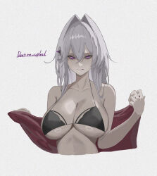  bare_shoulders bikini black_bikini breasts commentary cropped_torso female hair_intakes highres honkai_(series) honkai_impact_3rd jacket large_breasts long_hair looking_at_viewer purple_eyes red_jacket simple_background solo stomach swimsuit thelema_nutriscu very_long_hair vespar4 white_background white_hair 