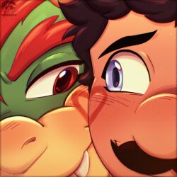  1:1 2025 anthro artist_logo black_eyebrows black_facial_hair black_mustache blue_eyes blush blush_lines bodypaint bowser cheek_to_cheek close-up closed_smile colored dialogue_in_description digital_drawing_(artwork) digital_media_(artwork) duo english_description eyebrows face_paint facial_hair fangs feeniroir front_view green_body hair happy hi_res human king koopa lidded_eyes light lighting logo looking_at_another looking_at_partner luigi male male/male mammal mario_bros moustache mouth_closed nintendo pupils red_eyebrows red_eyes red_hair red_pupils royalty scalie shaded smile smiling_at_another smiling_at_each_other tan_body tan_skin teeth thick_eyebrows 