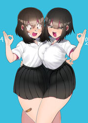  1boy absurdres bandaid bandaid_on_face bandaid_on_leg bandaid_on_nose black_eyes black_hair blue_background blush breasts commentary_request crossdressing doumoto_yoshiharu female highres kuraki-san_wa_semetai large_breasts miniskirt oerba_yun_fang ok_sign original otoko_no_ko pleated_skirt school_uniform skirt yuzugaeru 