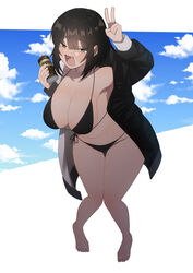  bikini black_bikini black_coat black_eyes black_hair breasts can canned_coffee character_request cloud coat commentary_request drink_can female full_body highres holding holding_can kuraki-san_wa_semetai large_breasts medium_hair oerba_yun_fang open_mouth plump side-tie_bikini_bottom smile solo swimsuit v yuzugaeru 