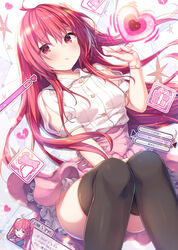  absurdres black_thighhighs blush breasts cover dress female highres kuouharuki3 liar_liar long_hair looking_at_viewer looking_to_the_side lying pink_dress pout red_eyes red_hair shirt short_sleeves skirt small_breasts solo star_(symbol) thighhighs tight_clothes tight_dress very_long_hair white_shirt 