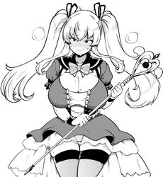  blush bow bowtie breasts character_request cleavage closed_mouth commentary_request copyright_request dress female greyscale highres himajin_noizu holding holding_staff huge_breasts long_hair looking_at_viewer monochrome simple_background smile solo staff sweat thighhighs twintails 