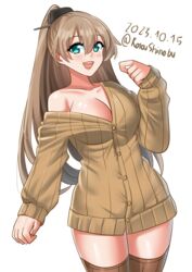  absurdres breasts brown_cardigan brown_hair brown_thighhighs cardigan cleavage cowboy_shot dated female green_eyes hair_ornament highres kantai_collection katou_shinobu kumano_(kancolle) large_breasts long_hair one-hour_drawing_challenge ponytail simple_background solo thighhighs twitter_username white_background 