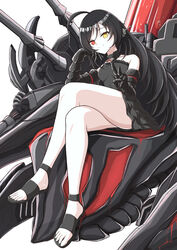  ahoge arbiter_the_devil_xv_(azur_lane) azur_lane bare_shoulders black_dress black_footwear black_hair closed_mouth crossed_legs degawa1121 dress female frilled_dress frills gauntlets heterochromia highres long_hair looking_at_viewer red_eyes sandals short_dress simple_background siren_(azur_lane) sitting smile solo turret v white_background yellow_eyes 