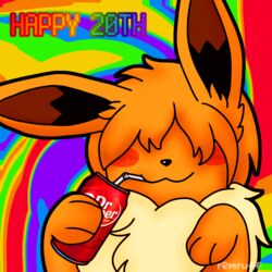  2024 :3 ambiguous_gender beverage_can birthday blush blush_lines blush_stickers chest_tuft colorful_background colorful_theme dr_pepper drinking_soda drinking_straw eevee english_text feral feral_with_hair generation_1_pokemon hair hair_over_eyes happy happy_birthday head_tuft headshot_portrait munchkin_(jackrabbit) nintendo pokemon pokemon_(species) portrait remruff shaded sipping solo text tuft watermark 