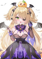  absurdres bat_ornament black_ribbon blonde_hair blush bow bowtie breasts bridal_gauntlets cleavage collar dress eyepatch female fischl_(genshin_impact) genshin_impact gloves green_eyes hair_ribbon halloween highres long_hair looking_at_viewer open_mouth pumpkin purple_bow purple_bowtie purple_ribbon ribbon simple_background single_bridal_gauntlet single_glove smile solo two_side_up yuia 