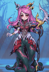  :o black_sclera blush bodysuit breasts brown_bodysuit colored_sclera coven_nami covered_navel female flying_sweatdrops full_body hair_ornament holding holding_staff league_of_legends long_hair looking_down medium_breasts monster_girl nami_(league_of_legends) outdoors phantom_ix_row pink_hair red_eyes scylla solo staff standing tentacle tree 