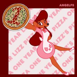  1:1 accessory angelfs anthro apron bird_dog bow_ribbon brown_body brown_fur canid canine canis clothed clothing collar domestic_dog dress female floppy_ears food fur golden_retriever hair heart_symbol hunting_dog mammal pizza plate pockets raising_arm red_hair retriever ribbons smile solo standing 