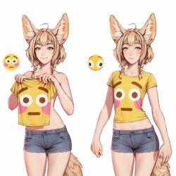  ahoge animal_ear_fluff animal_ears ass_visible_through_thighs blue_shorts blush braid closed_mouth collarbone covering_privates cowboy_shot earrings emoji english_commentary failure female flat_chest flat_chest_joke flushed_face_emoji flushed_face_emoji_shirt_(meme) frown holding holding_clothes holding_shirt jewelry khiara_(personal_ami) light_brown_hair medium_hair meme multiple_views original personal_ami pocket shirt shorts smile t-shirt tail topless twin_braids white_background yellow_eyes 