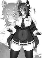  absurdres breast_pocket breasts commentary_request covered_navel cowboy_shot eyepatch female fingerless_gloves gloves greyscale high-waist_skirt highres jacket kantai_collection large_breasts miniskirt monochrome necktie plaid_necktie pleated_skirt pocket skirt smile solo tenryuu_(kancolle) tenryuu_kai_ni_(kancolle) thighhighs translation_request yuzugaeru zettai_ryouiki zoom_layer 