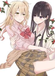  2girls aihara_academy_school_uniform aihara_mei aihara_yuzu bad_id bad_pixiv_id black_hair blonde_hair blush bow breasts citrus_(saburouta) clothes_around_waist collared_shirt ear_blush earrings gangshangguang_(smjy5842) green_eyes gyaru highres jewelry long_hair long_sleeves looking_at_another medium_breasts multiple_girls necktie open_mouth pink_shirt pleated_skirt purple_eyes red_bow school_uniform shirt skirt smile step-siblings step-sisters sweater sweater_around_waist uniform white_shirt wife_and_wife yuri 